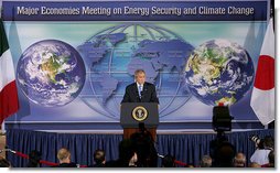 President George W. Bush addresses the Major Economies Meeting on Energy Security and Climate Change Friday, Sept. 28, 2007, at the U.S. State Department. "The nations in this room have special responsibilities," said the President. "We represent the world's major economies, we are major users of energy, and we have the resources and knowledge base to develop clean energy technologies." White House photo by Chris Greenberg