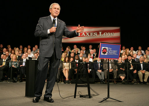 President George W. Bush addresses the Lancaster Chamber of Commerce and Industry at the Jay Group Inc., Wednesday, Oct. 3, 2007 in Lancaster, Pa. President Bush spoke on the economic vitality of the Lancaster region and the importance of keeping taxes low to spur further economic development. White House photo by Chris Greenberg