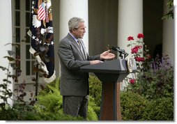 President George W. Bush discusses the reauthorization of the No Child Left Behind Act Tuesday, Oct. 9, 2007, in the Rose Garden. "We don't accept a system that simply shuffles children through the schools. We believe in setting high standards," said President Bush. "And we believe that by setting high standards we encourage greater results for every child. And now the question is whether or not we will finish the job to ensure that every American child receives a high education -- high-quality education." White House photo by Eric Draper