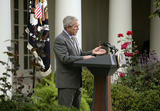 President George W. Bush discusses the reauthorization of the No Child Left Behind Act Tuesday, Oct. 9, 2007, in the Rose Garden. "We don't accept a system that simply shuffles children through the schools. We believe in setting high standards," said President Bush. "And we believe that by setting high standards we encourage greater results for every child. And now the question is whether or not we will finish the job to ensure that every American child receives a high education -- high-quality education." White House photo by Eric Draper