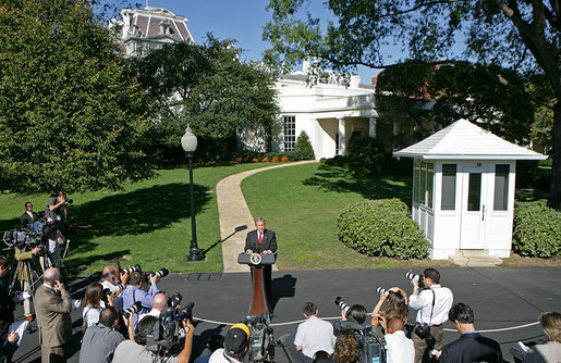 President George W. Bush discusses the Foreign Intelligence Surveillance Act legislation Wednesday, Oct. 10, 2007, on the South Lawn. "In August, Congress passed the Protect America Act, a bill to modernize the Foreign Intelligence Surveillance Act of 1978," said President Bush. "This new law strengthened our ability to collect foreign intelligence on terrorists overseas, and it closed a dangerous gap in our intelligence. And keeping this authority is essential to keeping America safe." White House photo by Chris Greenberg