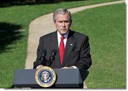 President George W. Bush discusses the Foreign Intelligence Surveillance Act legislation Wednesday, Oct. 10, 2007, on the South Lawn. "Today, the House Intelligence and Judiciary Committees are considering a proposed bill that instead of making the Protect America Act permanent would take us backward. While the House bill is not final, my administration has serious concerns about some of its provisions, and I am hopeful that the deficiencies in the bill can be fixed." White House photo by Chris Greenberg