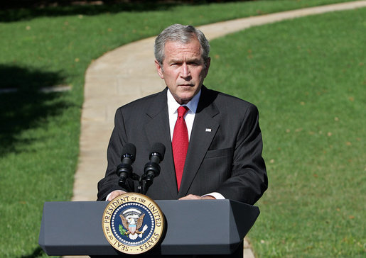 President George W. Bush discusses the Foreign Intelligence Surveillance Act legislation Wednesday, Oct. 10, 2007, on the South Lawn. "Today, the House Intelligence and Judiciary Committees are considering a proposed bill that instead of making the Protect America Act permanent would take us backward. While the House bill is not final, my administration has serious concerns about some of its provisions, and I am hopeful that the deficiencies in the bill can be fixed." White House photo by Chris Greenberg