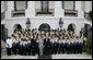 President George W. Bush and Mrs. Laura Bush join members of the Ballou High School Marching Band of Washington, D.C., for a photo on the South Portico of the White House Thursday, Oct. 11, 2007, prior to a screening of Ballou: A Documentary Film, about the band’s inspiring accomplishments for the students and the school. White House photo by Shealah Craighead