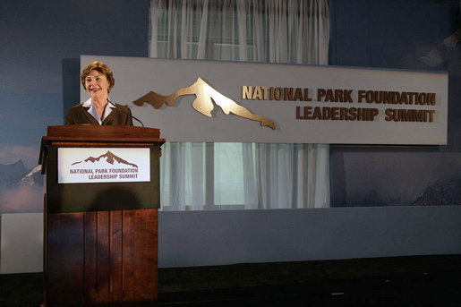 Mrs. Laura Bush addresses the National Park Foundation's Leadership Summit on Partnership and Philanthropy Monday, Oct. 15, 2007, in Austin, Texas. "Through its 40 years of stewardship, the National Park Foundation has helped preserve these magnificent places for future generations," said Mrs. Bush. "Through educational programs and public awareness campaigns, the Foundation has encouraged millions of Americans to discover our natural and historical treasures." White House photo by Shealah Craighead