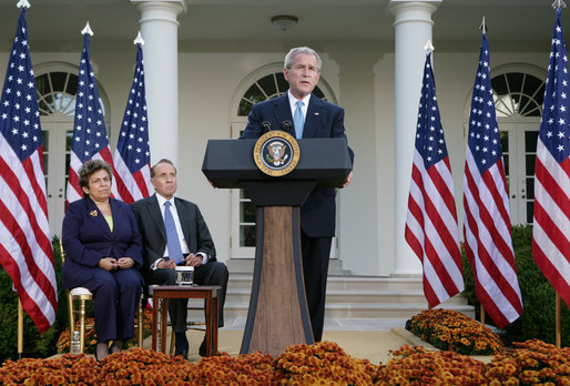 President George W. Bush addresses members of the media in the Rose Garden at the White House Tuesday, Oct. 16, 2007, following a meeting of the President's Commission on Care for America's Returning Wounded Warriors. President Bush, joined by commission co-chairs former Health and Human Services Secretary Donna Shalala and former U.S. Senator Bob Dole, said "My administration strongly supports the commission's recommendations." White House photo by Chris Greenberg