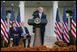 President George W. Bush addresses members of the media in the Rose Garden at the White House Tuesday, Oct. 16, 2007, following a meeting of the President's Commission on Care for America's Returning Wounded Warriors. President Bush, joined by commission co-chairs former Health and Human Services Secretary Donna Shalala and former U.S. Senator Bob Dole, said "My administration strongly supports the commission's recommendations." White House photo by Chris Greenberg