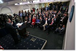 President George W. Bush holds a press conference Wednesday, Oct. 17, 2007, in the James S. Brady Press Briefing Room. "Congress has work to do on the budget. One of Congress's basic duties is to fund the day-to-day operations of the federal government," said President Bush. "Yet Congress has not sent me a single appropriations bill." White House photo by Eric Draper