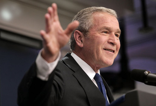 President George W. Bush holds a press conference Wednesday, Oct. 17, 2007, in the James S. Brady Press Briefing Room. "As we saw from the recent Nation's Report Card, the No Child Left Behind Act is getting results for America's children. Test scores are rising. The achievement gap is beginning to close," said President Bush. "And Congress should send me a bipartisan bill that reauthorizes and strengthens this effective piece of legislation." White House photo by Eric Draper