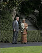 President George W. Bush shows President Ellen Johnson Sirleaf of the Republic of Liberia the view of the White House South Lawn and the monuments beyond, following their meeting Thursday, Oct. 18, 2007 in the Oval Office. President Sirleaf is Africa’s first elected female head of state. White House photo by Joyce N. Boghosian