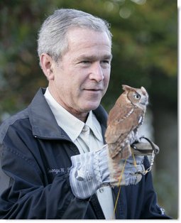 President George W. Bush holds a screech owl Saturday, Oct. 20, 2007 at the Patuxent Research Refuge in Laurel, Md., where President Bush discussed steps his Administration is creating for a series of cooperative conservation steps to preserve and restore critical stopover habitat for migratory birds in the United States. White House photo by Eric Draper