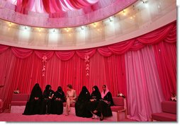 Mrs. Laura Bush talks with women in the Pink Majlis Monday, Oct. 22, 2007, at the Sheikh Khalifa Medical Center in Abu Dhabi, United Arab Emirates. The Majlis is a tradition of open forum for a wide range of topics. The Majlis focuses issues related to breast cancer. White House photo by Shealah Craighead