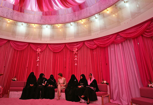 Mrs. Laura Bush talks with women in the Pink Majlis Monday, Oct. 22, 2007, at the Sheikh Khalifa Medical Center in Abu Dhabi, United Arab Emirates. The Majlis is a tradition of open forum for a wide range of topics. The Majlis focuses on issues related to breast cancer. White House photo by Shealah Craighead