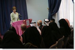 Mrs. Laura Bush delivers remarks regarding the U.S.-Middle East partnership on breast cancer awareness and research Monday, Oct. 22, 2007, at the Sheikh Khalifa Medical Center in Abu Dhabi, United Arab Emirates. White House photo by Shealah Craighead