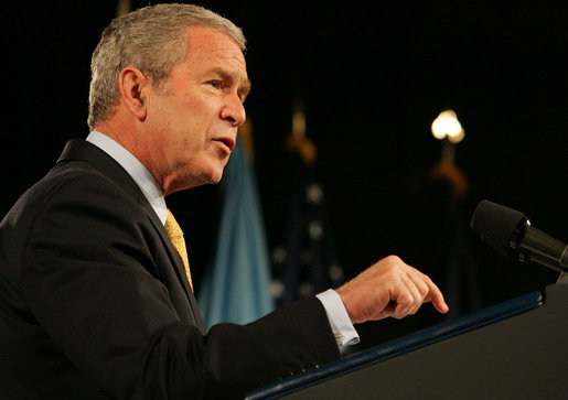 President George W. Bush speaks at the National Defense University in Washington, D.C., Tuesday, Oct. 23, 2007. During his remarks, the President addressed the devastation caused by wildfires in Southern California. Said the President, "All of us across this nation are concerned for the families who have lost their homes, and the many families who have been evacuated from their homes. We send our prayers and thoughts with those who've been affected." White House photo by Chris Greenberg