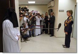 Mrs. Laura Bush addresses the press after touring the Abdullatif Cancer Screening Center Tuesday, Oct. 23, 2007, in Riyadh. Said Mrs. Bush, "This is a great model for other parts of Saudi Arabia. Because of regular screenings, people can discover a cancer early before it's in such an advanced stage that it's hard to cure." White House photo by Shealah Craighead