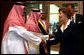 Mrs. Laura Bush is greeted by Mr. Bade Al-Romaih, Guest Relations Manager for the Conference Palace Hotel, upon her arrival for a private lunch Tuesday, Oct. 23, 2007, in Riyadh, Saudi Arabia. White House photo by Shealah Craighead