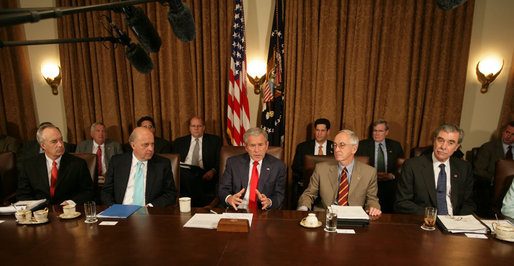 President George W. Bush emphasizes a point as he meets with his Cabinet Wednesday, Oct. 24, 2007, in the Cabinet Room of the White House. Speaking afterwards and on the topic of the California wildfires, the President said, ".I want the people in Southern California to know that Americans all across the land care deeply about them, we're concerned about their safety, we're concerned about their property, and we offer our prayers and hopes that all will turn out fine in the end." White House photo by Eric Draper