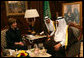 Mrs. Laura Bush meets with His Majesty King Abdullah Bin Abd al-Aziz Al Saud at the King's palace Oct. 23, 2007, in Jeddah, Saudi Arabia. Also pictured is Saudi Arabia’s Ambassador to the United States Adel A. Al-Jubeir. White House photo by Shealah Craighead