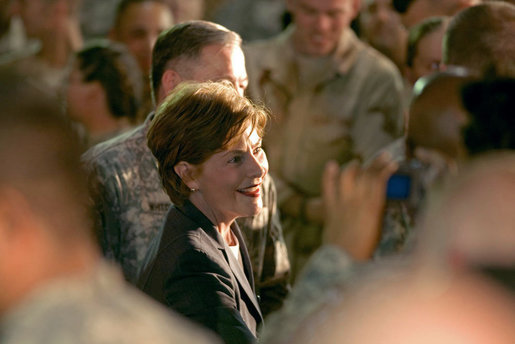 Mrs. Laura Bush meets troops after addressing them Thursday, Oct. 25, 2007, at Ali Al Salem Air Base near Kuwait City. Mrs. Bush told her audience, "Ali Al Salem is the first base where American and Kuwaiti flags were flown together. This is the perfect place to recognize the friendship between Kuwait and the United States -- and to thank all of the Kuwaitis who support our American Armed Forces." White House photo by Lynden Steele