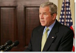 President George W. Bush delivers a statement on appropriations Friday, Oct. 26, 2007, in the Roosevelt Room of the White House. Taking a moment to talk about his trip Thursday to California, the President said, "While I was there I saw the terrible destruction and heartbreaking loss. Yet I was also encouraged by the spirit I found -- the families determined to rebuild, the volunteers who stepped forward to help neighbors in need, and the first responders who have shown such courage." White House photo by Chris Greenberg