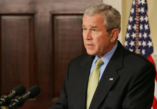 President George W. Bush delivers a statement on appropriations Friday, Oct. 26, 2007, in the Roosevelt Room of the White House. Taking a moment to talk about his trip Thursday to California, the President said, "While I was there I saw the terrible destruction and heartbreaking loss. Yet I was also encouraged by the spirit I found -- the families determined to rebuild, the volunteers who stepped forward to help neighbors in need, and the first responders who have shown such courage." White House photo by Chris Greenberg