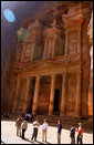 Mrs. Laura Bush tours the Treasury at Petra, a biblical city carved into stone, in southern Jordan Friday, Oct. 26, 2007. It is a UNESCO World Heritage Site and designated as one of the Seven New Wonders of the World in July 2007. A regional trading center, Petra prospered from the first century BCE until the first century AD, when it fell to the Romans in 106 AD. White House photo by Shealah Craighead