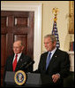 President George W. Bush announces Dr. James Peake as his nomination for Secretary of Veterans Affairs in the Roosevelt Room Tuesday, Oct. 30, 2007. "He will be the first physician and the first general to serve as Secretary," said the President. "He will apply his decades of expertise in combat medicine and health care management to improve the veterans' health system. He will insist on the highest level of care for every American veteran." White House photo by Chris Greenberg