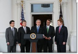 President George W. Bush addresses his remarks, Tuesday, October 30, 2007, on the North Portico steps of the White House after meeting with the House Republican Conference. Standing with the President are members of the House Republican leadership from left, Rep. Eric Cantor of Virginia., House Minority Whip Roy Blunt of Missouri, House Minority Leader John Boehner of Ohio and Rep. Adam Putnam of Florida. White House photo by Joyce N. Boghosian