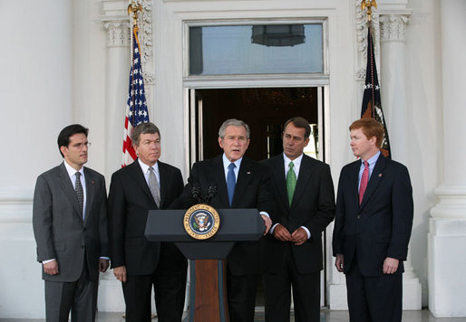 President George W. Bush addresses his remarks, Tuesday, October 30, 2007, on the North Portico steps of the White House after meeting with the House Republican Conference. Standing with the President are members of the House Republican leadership from left, Rep. Eric Cantor of Virginia., House Minority Whip Roy Blunt of Missouri, House Minority Leader John Boehner of Ohio and Rep. Adam Putnam of Florida. White House photo by Joyce N. Boghosian