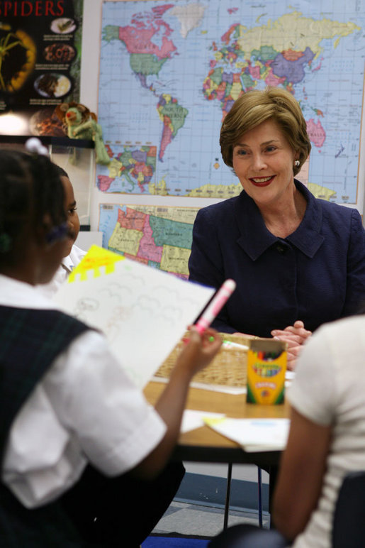 Mrs. Laura Bush visits with students at the Good Shepherd Nativity Mission School, Thursday, Nov. 1, 2007 in New Orleans, a Helping America's Youth visit with Big Brother and Big Sisters of Southeast Louisiana. Mrs. Bush thanked the group saying,"We know that positive role models are essential to young people's success." White House photo by Shealah Craighead