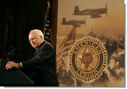 Vice President Dick Cheney delivers remarks to the Indiana American Legion Thursday, Nov. 1, 2007 at the Indiana War Memorial in Indianapolis. "In every generation, citizens of Indiana have stepped forward to serve America in times of peace and times of war," said the Vice President, who later added, "The United States is decent, honorable and generous - and so are the people who wear its uniform.Every day they confront the violent, protect the weak, heal the sick, and bring hope to the oppressed." White House photo by David Bohrer