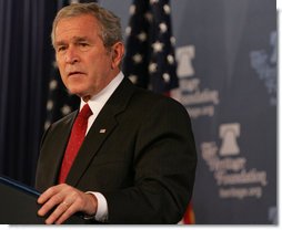 President George W. Bush speaks at the Heritage Foundation Thursday, Nov. 1, 2007, in Washington, D.C. Speaking on the Global War on Terror, the President said, "We're standing with those who yearn for liberty in the Middle East, because we know that when free societies take root in that part of the world, they will yield the peace we all desire." White House photo by Chris Greenberg