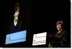 Mrs. Laura Bush delivers remarks to the 2007 Communities In Schools National Conference Thursday, Nov. 1, 2007, in Atlanta. Communities In Schools is the largest dropout prevention organization in the United States and has helped children stay in school for over 30 years. White House photo by Shealah Craighead