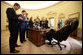 President George W. Bush meets in the Oval Office Thursday morning, Nov. 1, 2007, with members of the White House Press Corps with whom he gave a quick preview of his remarks on the Global War on Terror that later were delivered to the Heritage Foundation in Washington, D.C. White House photo by Joyce N. Boghosian