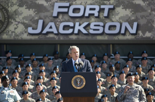 President George W. Bush addresses the Basic Combat Training graduates at Fort Jackson in Columbia, S.C., Friday, Nov. 2, 2007. The President told the graduates, ".Our nation calls on brave Americans to confront our enemies and bring peace and security to millions -- and you're answering that call. I thank you for your courage. I thank you for making the noble decision to put on the uniform and to defend the United States of America." White House photo by Eric Draper