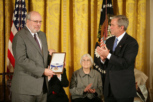 Robert Hyde accepts the Presidential Medal of Freedom from President George W. Bush on behalf of his father U.S. Representative Henry Hyde, R-Ill., during a ceremony Monday, Nov. 5, 2007, in the East Room. "Colleagues were struck by his extraordinary intellect, his deep convictions, and eloquent voice," said the President. "In committee and in the House chamber, the background noise would stop when Henry Hyde had the floor." White House photo by Eric Draper