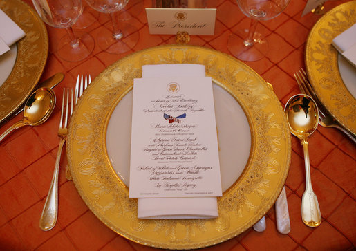 The dinner setting for President George W. Bush is seen Tuesday, Nov. 6, 2007, in the State Dining Room of the White House for the dinner in honor of French President Nicolas Sarkozy. White House photo by Shealah Craighead