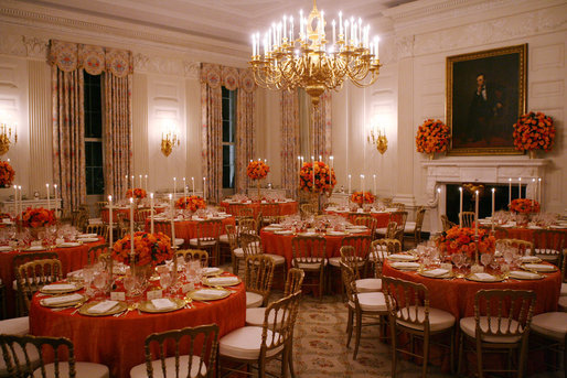 Decorated candlelit tables are seen in the State Dining Room of the White House Tuesday, Nov. 6, 2007, for the dinner in honor of French President Nicolas Sarkozy. White House photo by Shealah Craighead