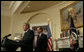 With Secretary Mike Leavitt of the Department of Health and Human Services looking on, President George W. Bush delivers a statement on Import Safety Tuesday, Nov. 6, 2007, in the Roosevelt Room of the White House. Said the President, ".we need to do more to ensure that American families have confidence in what they find on our store shelves. They have the right to expect the food they eat, or the medicines they take, or the toys they buy for their children to be safe." White House photo by Chris Greenberg