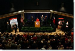 Mrs. Laura Bush delivers remarks during the announcement of the Jenna Welch Women's Center at Texas Tech - Permian Basin Campus Wednesday, Nov. 7, 2007, in Midland, Texas. Mrs. Bush is joined on stage by Speaker Tom Craddick of the Texas House of Representatives, left, Dr. John Jennings, center, and Texas Tech University Chancellor Kent Hance. White House photo by Shealah Craighead