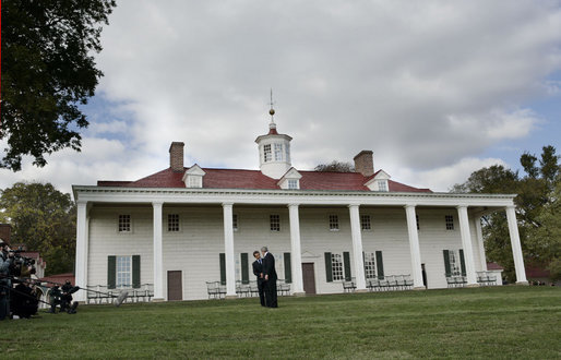 With Mount Vernon as a backdrop, President George W. Bush and President Nicolas Sarkozy of France view the Potomac as they meet Wednesday, Nov. 7, 2007, for the second day. White House photo by Eric Draper