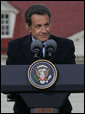 President Nicolas Sarkozy of France listens to a reporter's question Wednesday, Nov. 7, 2007, during a joint press availability with President George W. Bush at the Mount Vernon Estate in Mount Vernon, Va. President Sarkozy told President Bush, "I get the distinct sense that it is France that has been welcomed so warmly, with so much friendship, so much love. So when I say that the French people love the American people, that is the truth and nothing but the truth." White House photo by Chris Greenberg