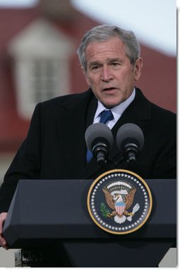 President George W. Bush responds to a question Wednesday, Nov. 7, 2007, during a joint press availability with President Nicolas Sarkozy of France at Mount Vernon. Said the President, "I can't thank the President enough for his willingness to stand with young democracies as they struggle against extremists and radicals.France's voice is important and it's clear that the human rights of every individual are important to the world." White House photo by Chris Greenberg