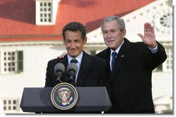 President George W. Bush and President Nicolas Sarkozy of France, shake hands after a joint press availability Wednesday, Nov. 7, 2007, at Mount Vernon, Va. Their meeting at the historic landmark came on the second day of the French leader's visit to the United States. White House photo by Chris Greenberg