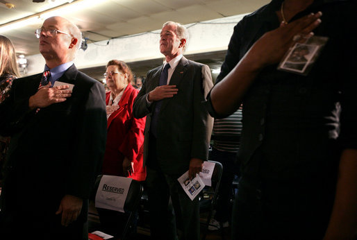 President George W. Bush stands during the playing of the National Anthem during a Fallen Soldiers National Memorial Ceremony at the American Legion Post 121 in Waco, Texas Sunday, Nov. 11, 2007. White House photo by Eric Draper