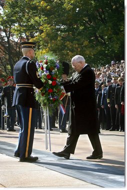 Vice President Dick Cheney lays a wreath at the Tomb of the Unknown Soldier during Veterans Day ceremonies, Sunday, Nov. 11, 2007, at Arlington National Cemetery in Arlington, Va. White House photo by David Bohrer