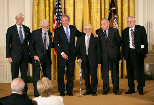 President George W. Bush presents the 2007 National Humanities Medal for the Monuments Men Foundation for the Preservation of Art to, from left, Robert Edsel and World War II veterans Jim Reeds, Harry Ettlinger, Horace Apgar and Seymore Pomrenze. White House photo by Eric Draper