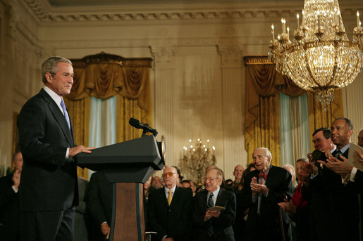 President George W. Bush speaks during the presentation of the 2007 National Medal of the Arts and Humanities Thursday, Nov. 15, 2007, in the East Room. "Your accomplishments remind us that freedom of thought and freedom of expression are two pillars of our democracy,” said President Bush. White House photo by Shealah Craighead