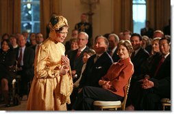 Lucinda J. Frailly, Dolly Madison Re-enactor and Director of Education and Special Events Coordinator for the National First Ladies’ Library, addresses a present-day crowd during a ceremony marking the debut of the Dally Madison Gold Coin Monday, Nov. 19, 2007. White House photo by Joyce N. Boghosian